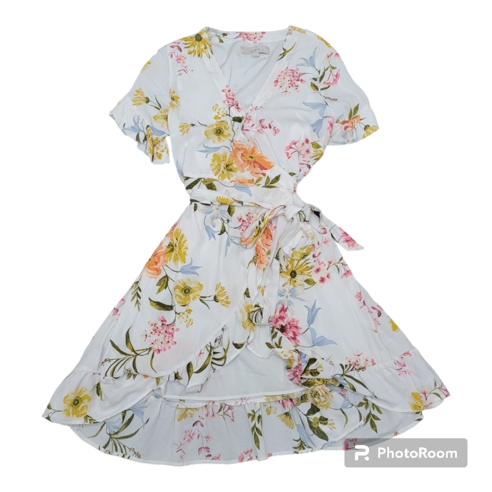 LOFT Wrap White Floral Midi Dress Flowy V Neck Spring Short Sleeve Size 00